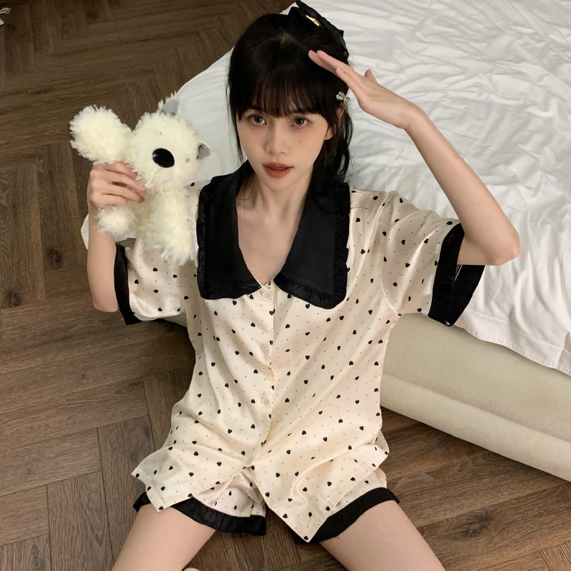 Ice silk suit cardigan comfortable breathable women's pajamas summer new short-sleeved shorts lapel girls homewear two sets