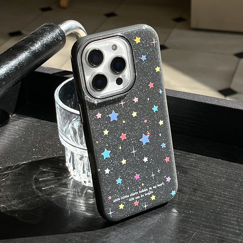 Fashion Colorful Stars Bling Glitter Back Phone Case For iPhone 16 Pro Max 15 13 14 Shockproof Cover Shell