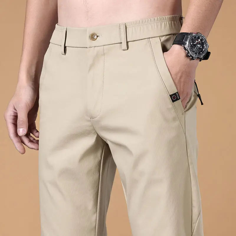 Summer Men Thin Business Casual Slim Straight Pants Streetwear Fashion Elastic Waist Breathable Big Size Zipper Pockets Trousers