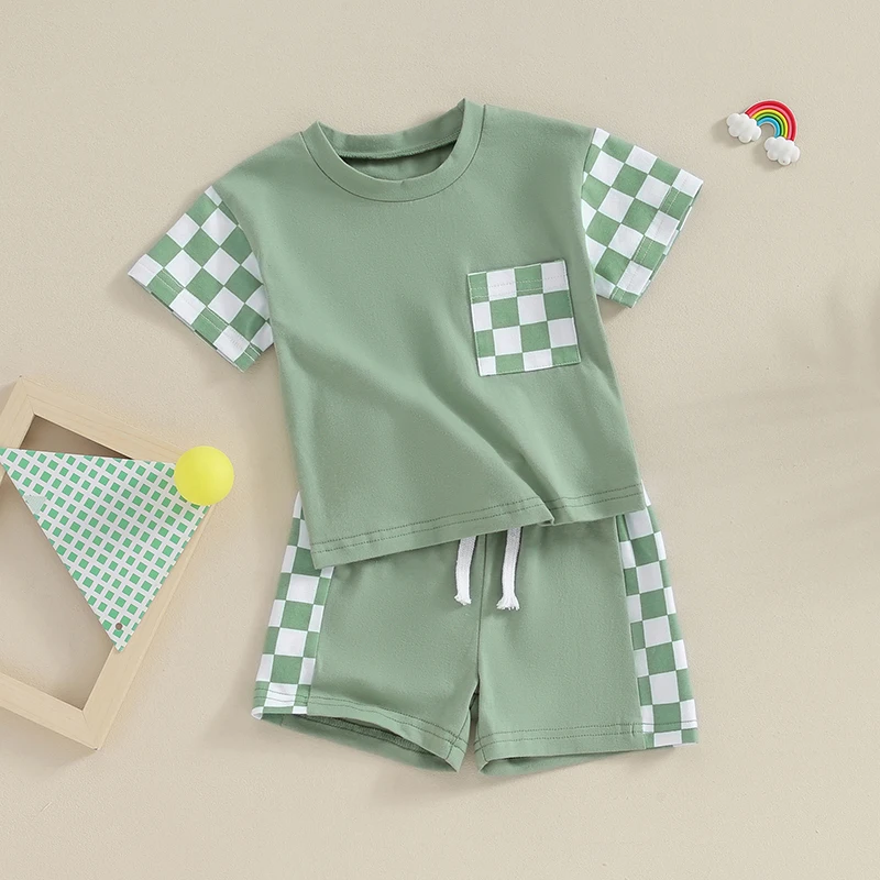 

Летняя одежда для маленьких мальчиков, футболки с коротким рукавом и шахматным принтом, с карманами и шортами с эластичным поясом, комплект из 2 предметов