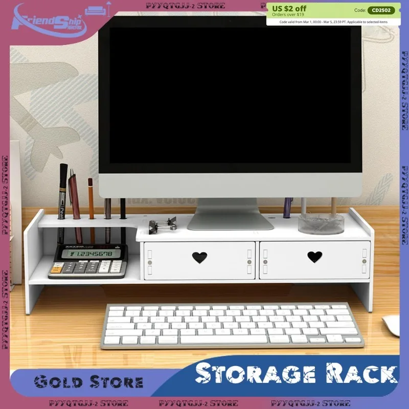 Desktop Added Shelf Office Desk Storage Rack with Drawers Computer Laptop Monitor Stand Student Dormitory Stationery Organizer