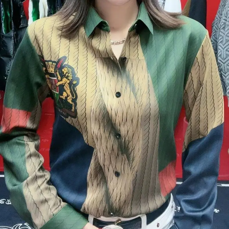 Vintage Printed Lapel Spliced Button Floral Shirt Women's Clothing 2023 Autumn Winter New Office Lady Tops Casual Blouse