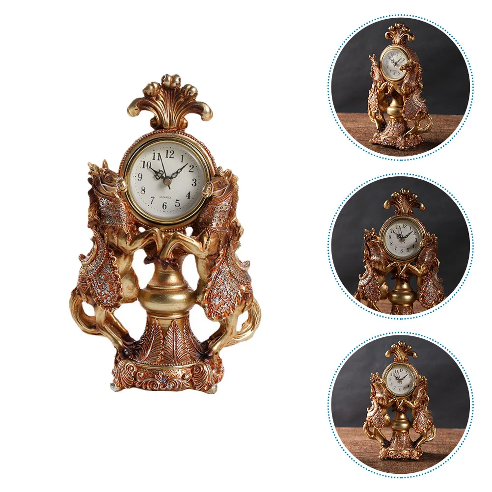 1pc Vintage Dual Horse Clock Adornment European Style Clock Desktop Clock Decoration Home Clock Ornament 