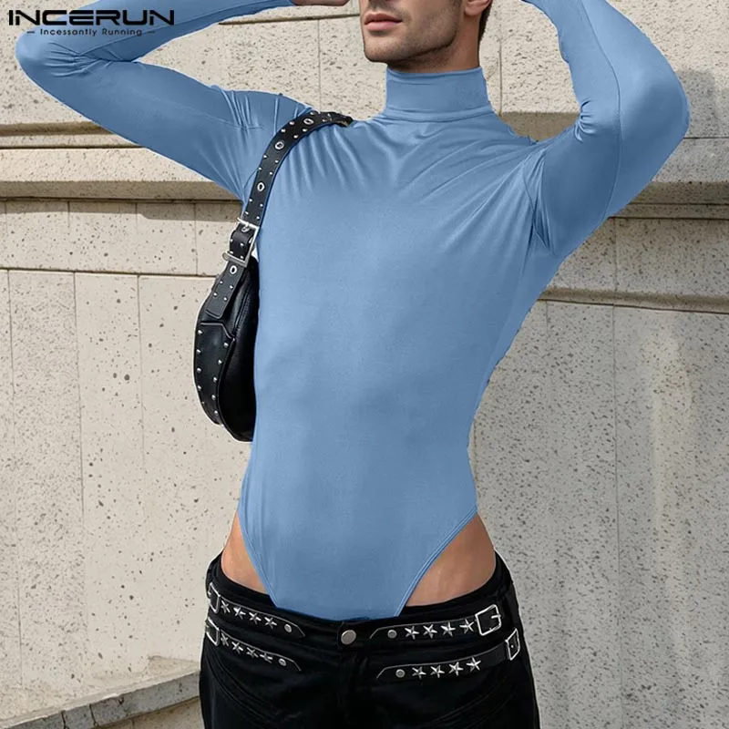 American Style Rompers INCERUN Men Fashion Solid Color Jumpsuits Sexy Casual Male Thimble Design Long Sleeved Bodysuits men bodysuits,men jumpsuits