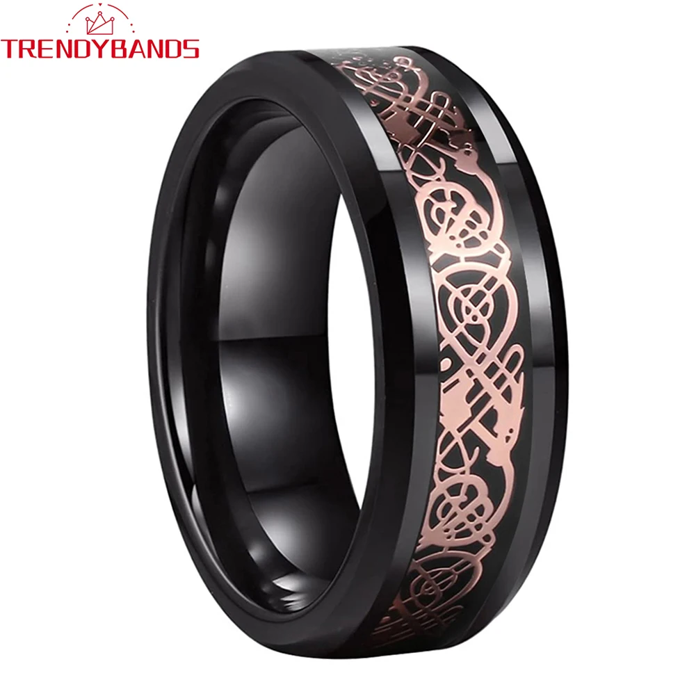

Кольцо из розового золота с инкрустацией дракона для мужчин и женщин, черное вольфрамовое свадебное кольцо с углеродным волокном 8 мм, удобн...
