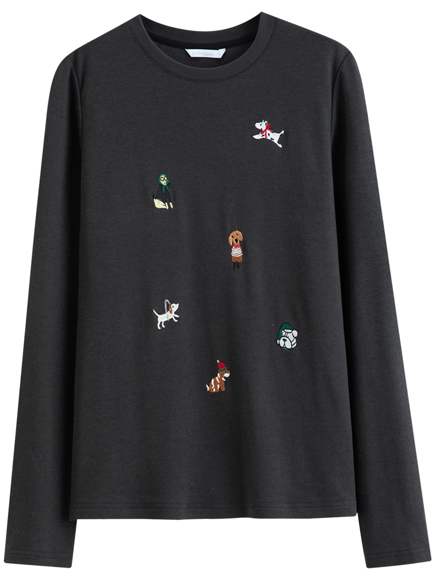 DUSHU Puppy Fun Embroidered Thin Fleece Long Sleeve T-shirt Women's Autumn and Winter Bottoming Shirt Top Sweet Casual