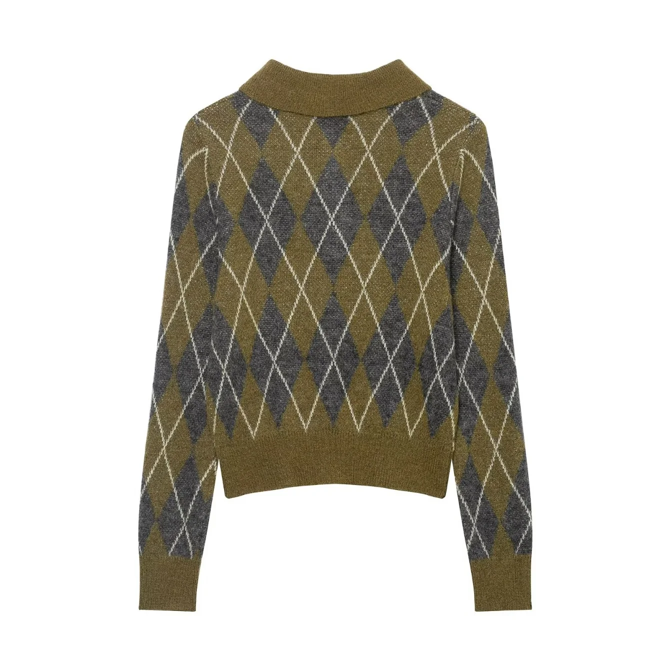 Women Knitted Pullover Autumn Winter New Female Vintage Argyle Long Sleeve Polo Collar Knit Sweater Casual Fashion Versatile Top