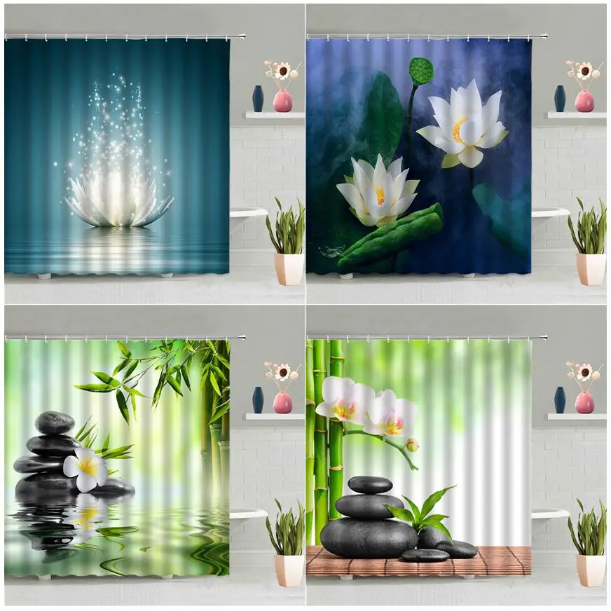 White Lotus Green Bamboo Zen Shower Curtain Natural Plant Flowers Spa