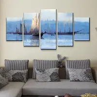 Mintura,5 PCS,Hand-Painted Blue Ocean White Sailing Boat Oil Painting On Canvas,Modern Wall Art Picture For Room Home Decoration 1