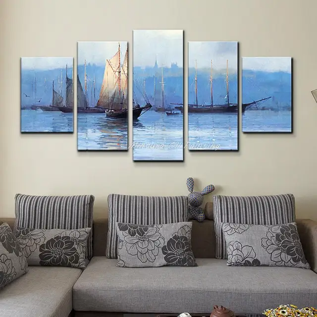 Mintura,5 PCS,Hand-Painted Blue Ocean White Sailing Boat Oil Painting On Canvas,Modern Wall Art Picture For Room Home Decoration 1