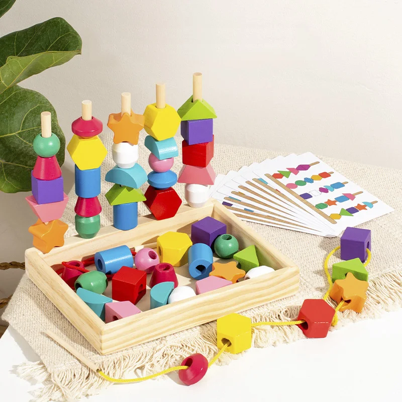 Montessori Wooden Toys Color Shape Matching Puzzle Game Colorful Beaded Color Cognition Educational Toys Gift For Children Kids 2
