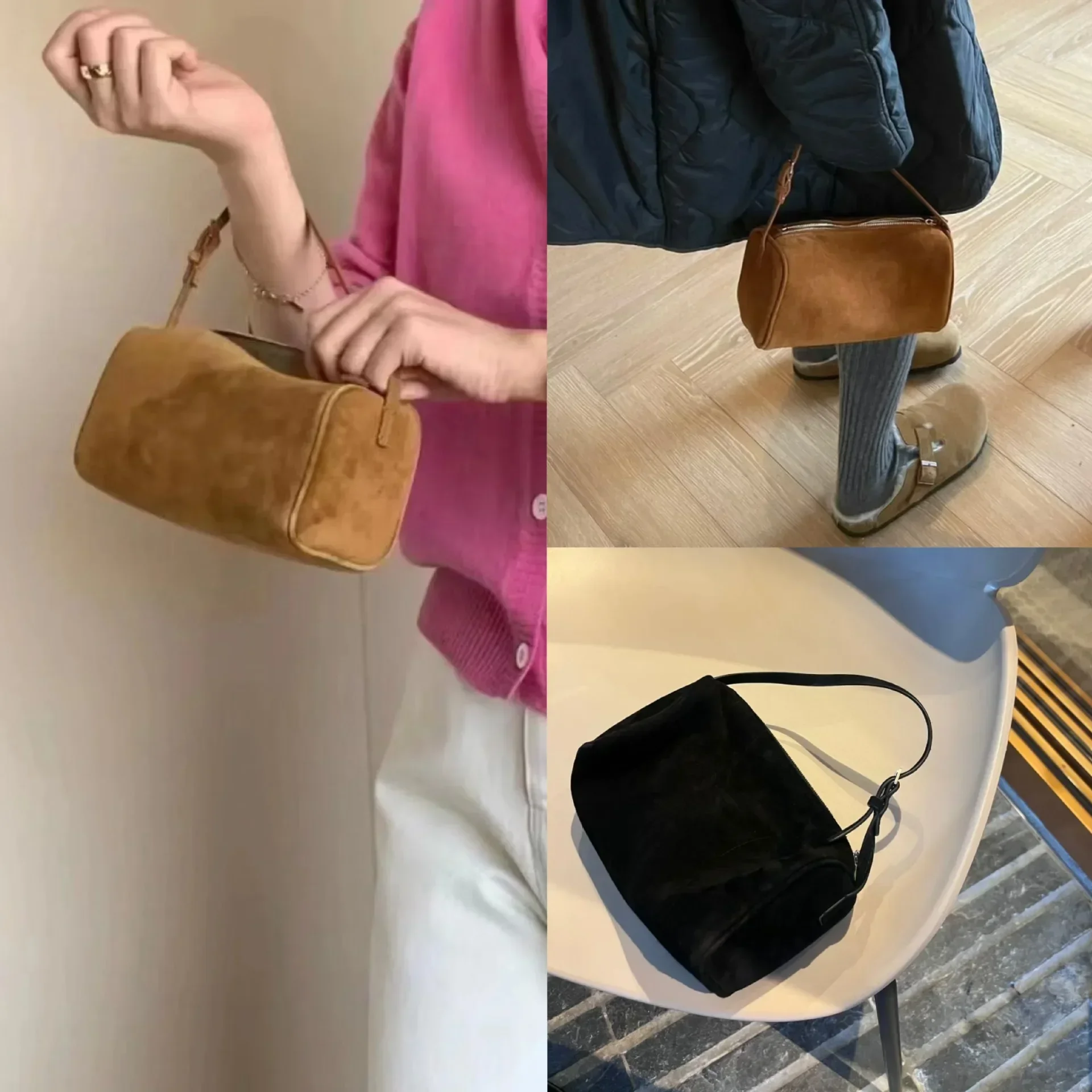 

Handle Leather Bags Square Fabric Cowhide Korean Underarm Mini Shape Genuine Satchel Women Chic Top Suede Versatile Handbags