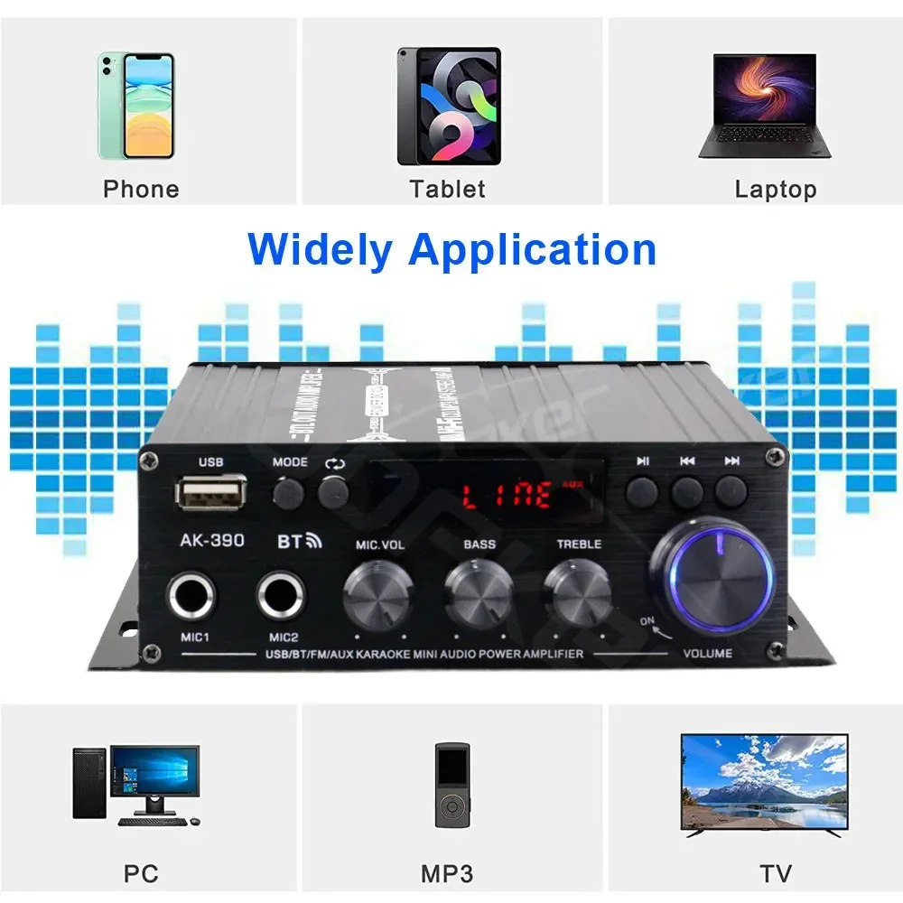 AK390 Sound Amplifier BT 5.0 HiFi Power Amplifier 800W Stereo Digital AMP BASS M