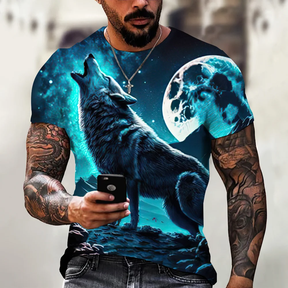 

Men T-Shirt Retro 3d Wolf Print Animal Pattern Top Fashion Short Sleeve Oversized Pullover Streetwear Casual O-Neck Men Clothing