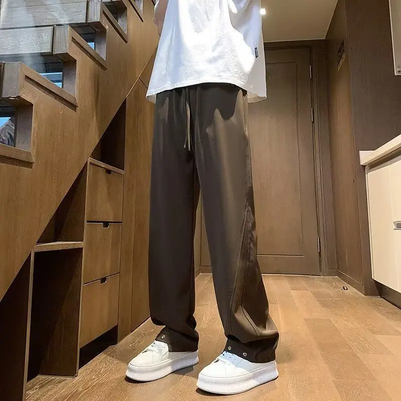 American Vintage Street Summer Wide Leg Pants Men's Solid Elastic Waist Drawstring Pocket Fashion Casual Loose Straight Trousers