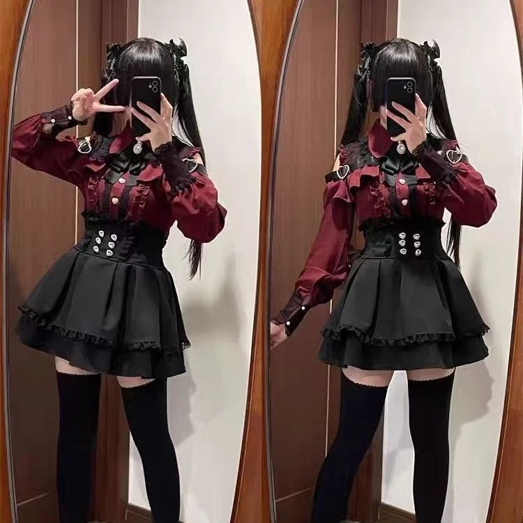 Harajuku Sweet Bow Black Plaid Long Sleeve Kawaii Lolita Dress