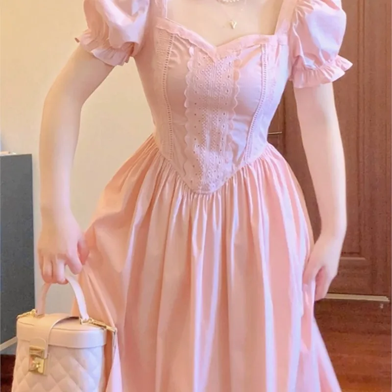 

Retro Long Skirt Small Tea Break Pink Sweet Slimming Short Sleeve Dress Women