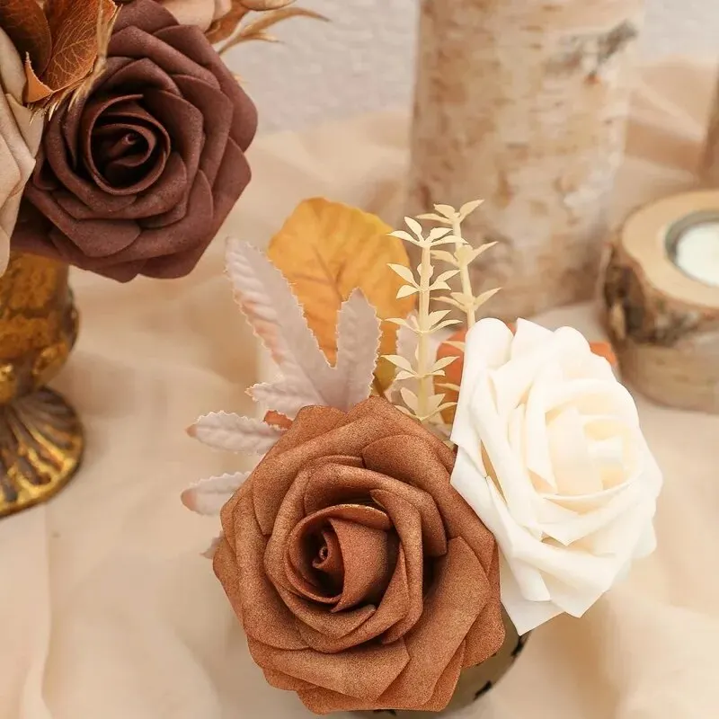 Fiori Artificiali Realistici Bouquet di Rose Dorate in Seta con Stelo Lungo per