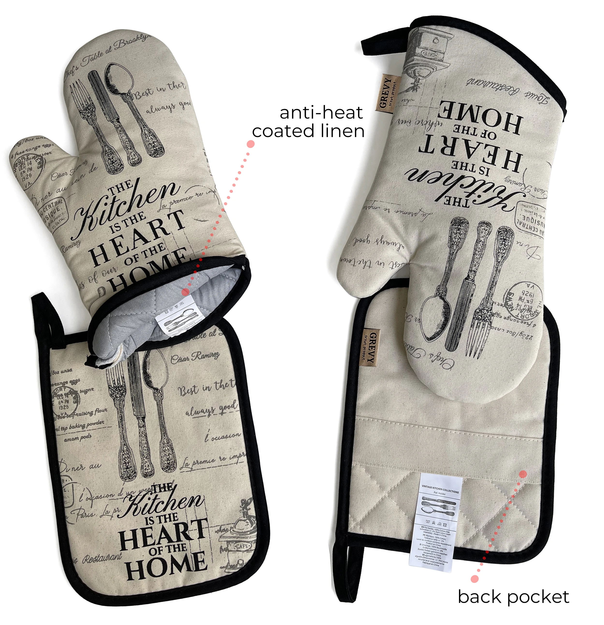 K404 I GREVY quilted cotton pot holders with pocket heat resistant oven mitts for cooking or baking cotton pot holders
