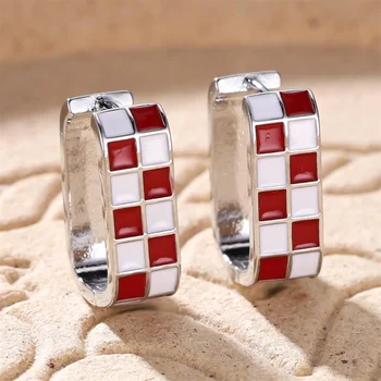 Fashion White and Red Checkered Pattern Square Hoop Earrings For Women Vintage Gold Silver Color Wedding Jewelry Minimalist Gift