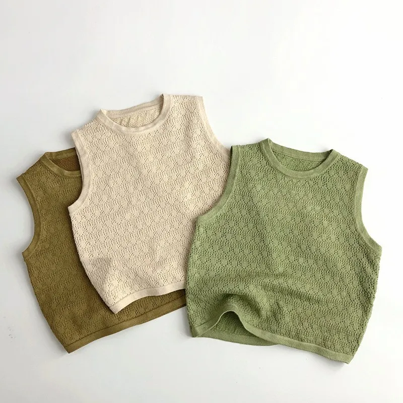 Summer New Children Sleeveless Knitted Vest Baby Boy Girl Hollow Out Casual Sweater Coat Kids Toddler Soft Breathable Tops