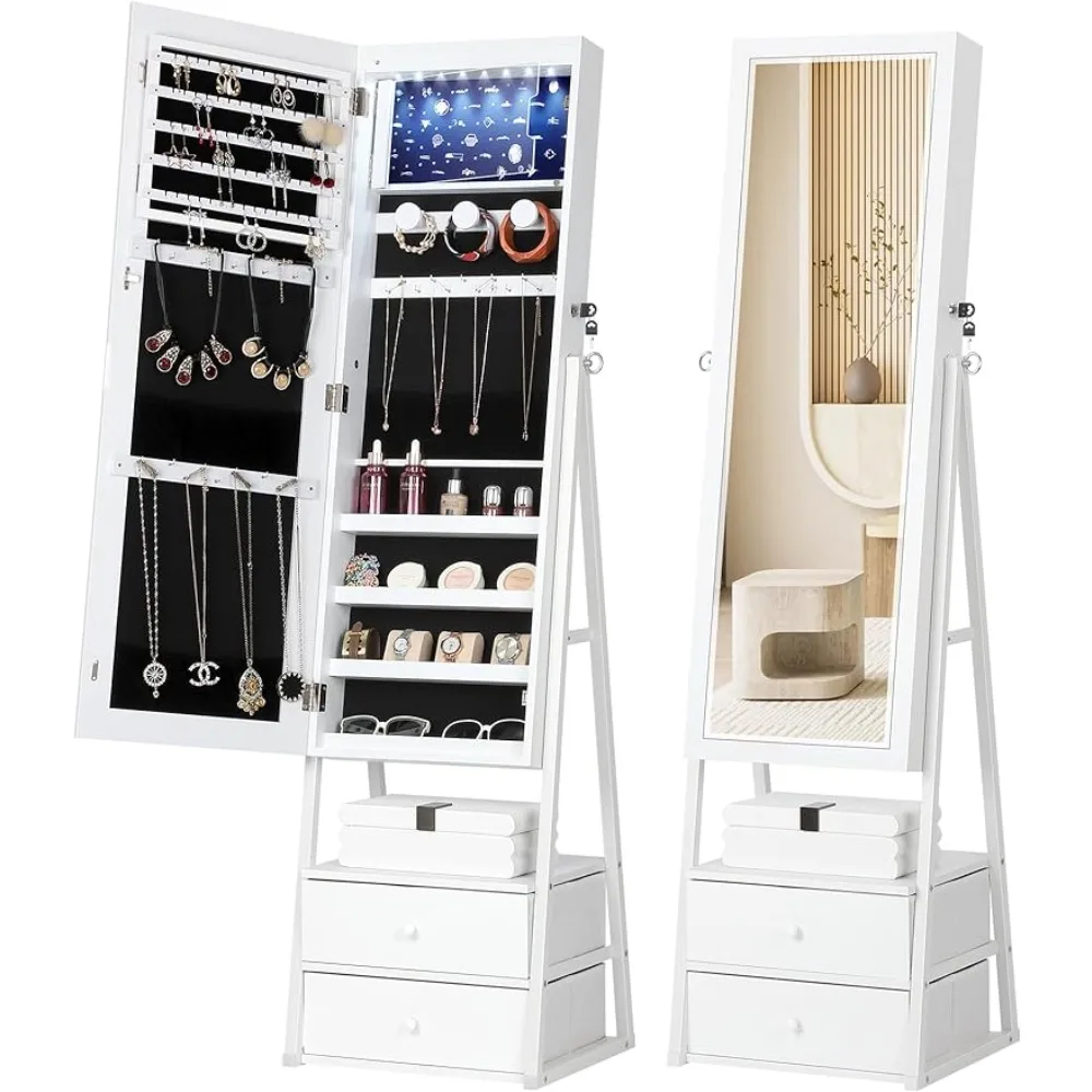 

Armoire with 2 Drawers, Lockable Standing Jewelry Mirror Cabinet, Full Length Mirror with Jewelry Storage, White