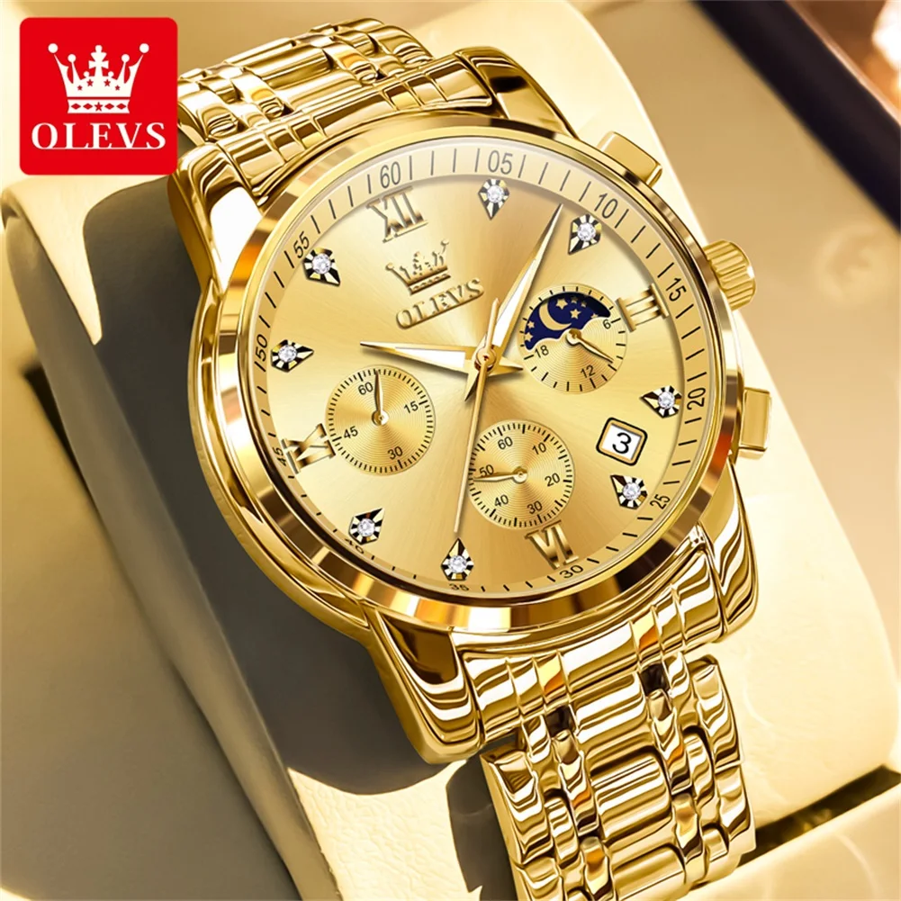 OLEVS Luxury Men's Quartz Chronograph Watch - Stainless Steel, Waterproof, Luminous, with Auto Date & Moon Phase