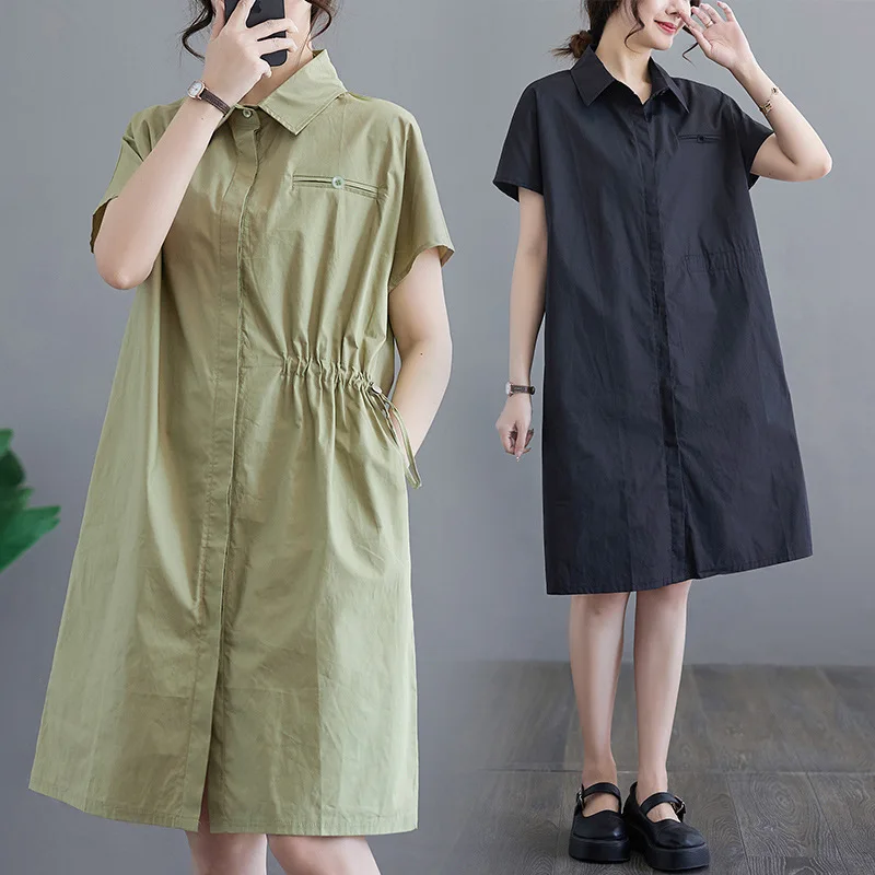 

2023 Summer New Literary and Artistic Loose Solid Color Lapel Short-sleeved Dress Women's Mid-length Shirt Skirt