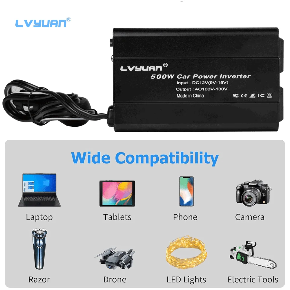 【Limited stock】 500W Power Inverser Portable Car Inverter With DC12V to AC220V 110V Phone/Laptop/Camera Charging Converter.