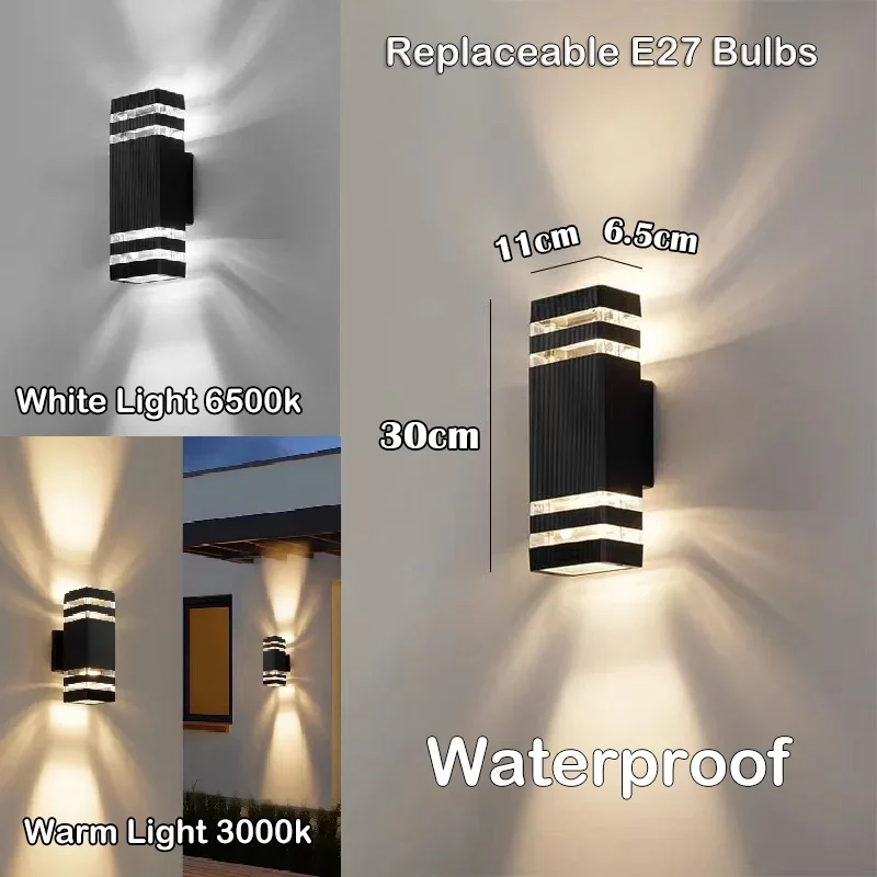 thumbnail image 1 of Aplique de pared exterior E27 con luz LED arriba y abajo, IP65, resistente al agua, para porche, puerta de entrada, lámpara de pared exterior, 1 of 5