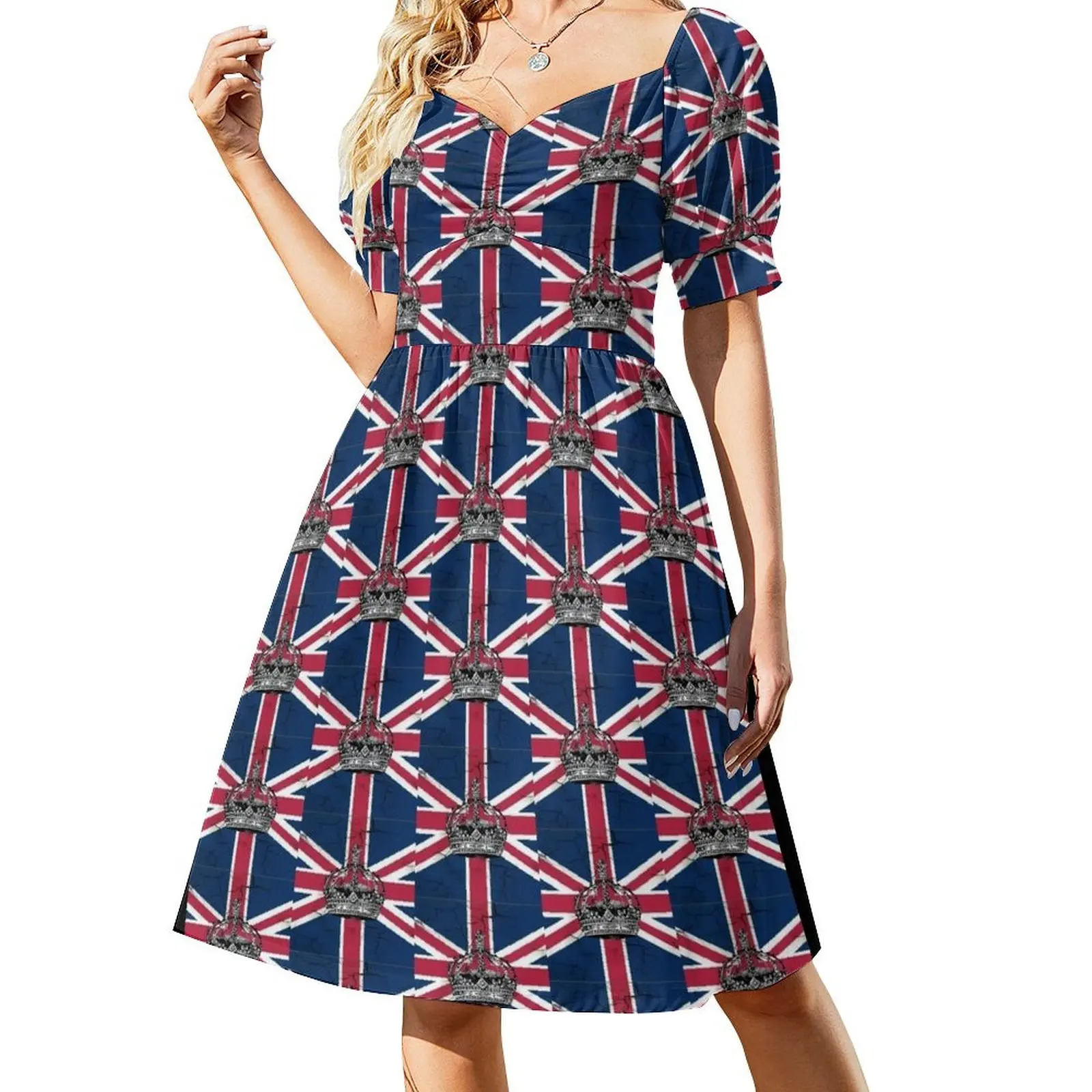 thumbnail image 1 of Vestido elegante de manga corta con corona vintage, estilo academia oscura de los años 80, bandera de la Union Jack británica, vestidos de mujer chic, promoción., 1 of 7
