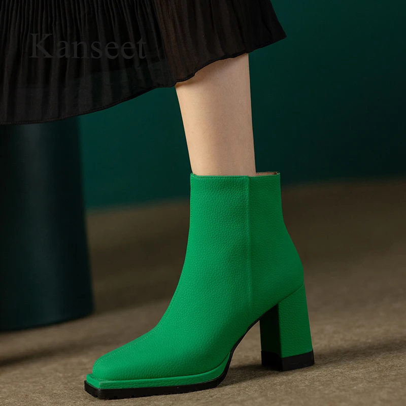 

Kanseet Women Short Boots Square Toe Genuine Leather Ankle Boots Elegant High Heel Ladies Autumn Winter Shoes Green Beige 40 New
