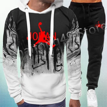 Men's Sweatshirt Suit Splash Ink Letter Printed Hoodies+ Sweatpants Set Jogging Trouser Casual Sport Streetwear Women Clothes