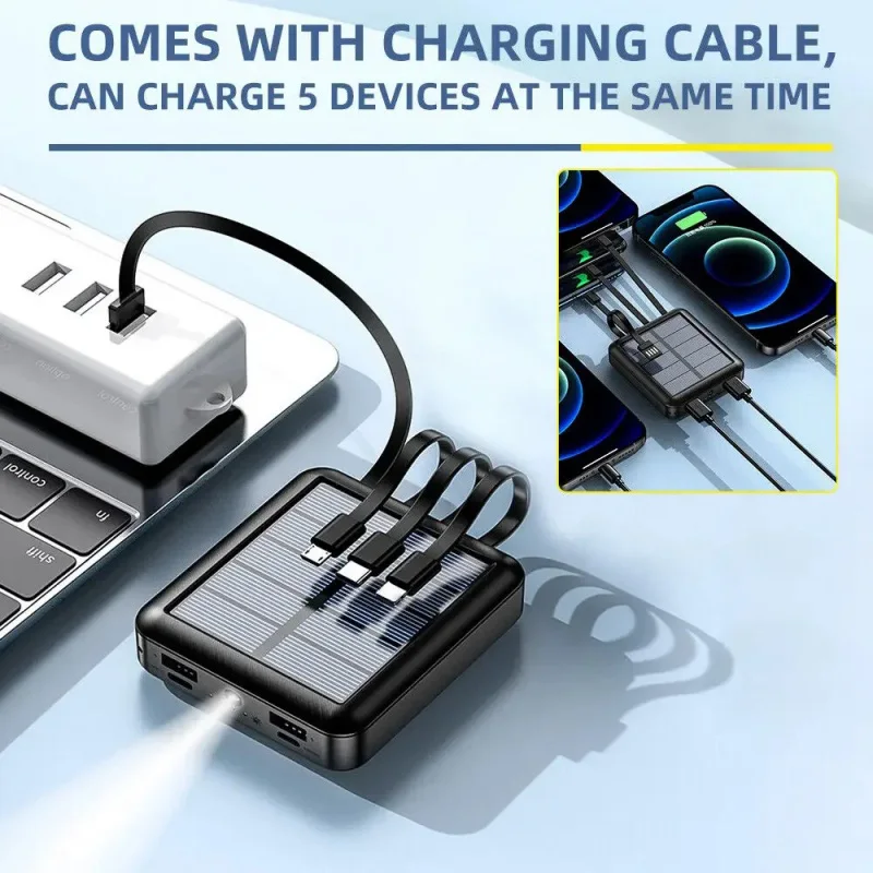 20000mAh Solar Move Power Bank Super Fast Charging USB TYPE C Cable Portable Charger LED Lighting Power Bank For iPhone Samsung 4