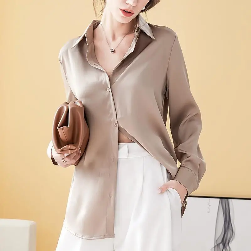 Fashion Solid Color Lapel Button Satin Shirt Women's Clothing Autumn New Casual Tops 2024 New Elegant Loose Office Lady Blouse