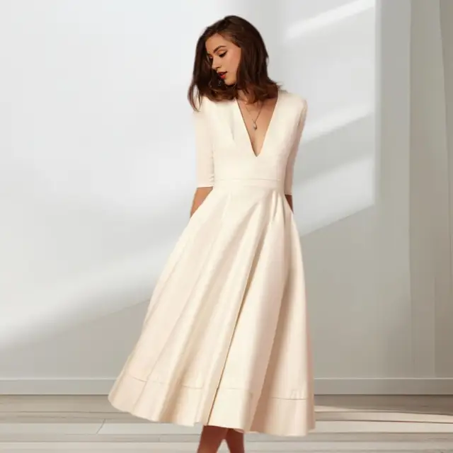 Robe mi-longue élégante à col en V, monochromatique, robe trapèze, ourlet fluide, demi-manches, fête, soirée