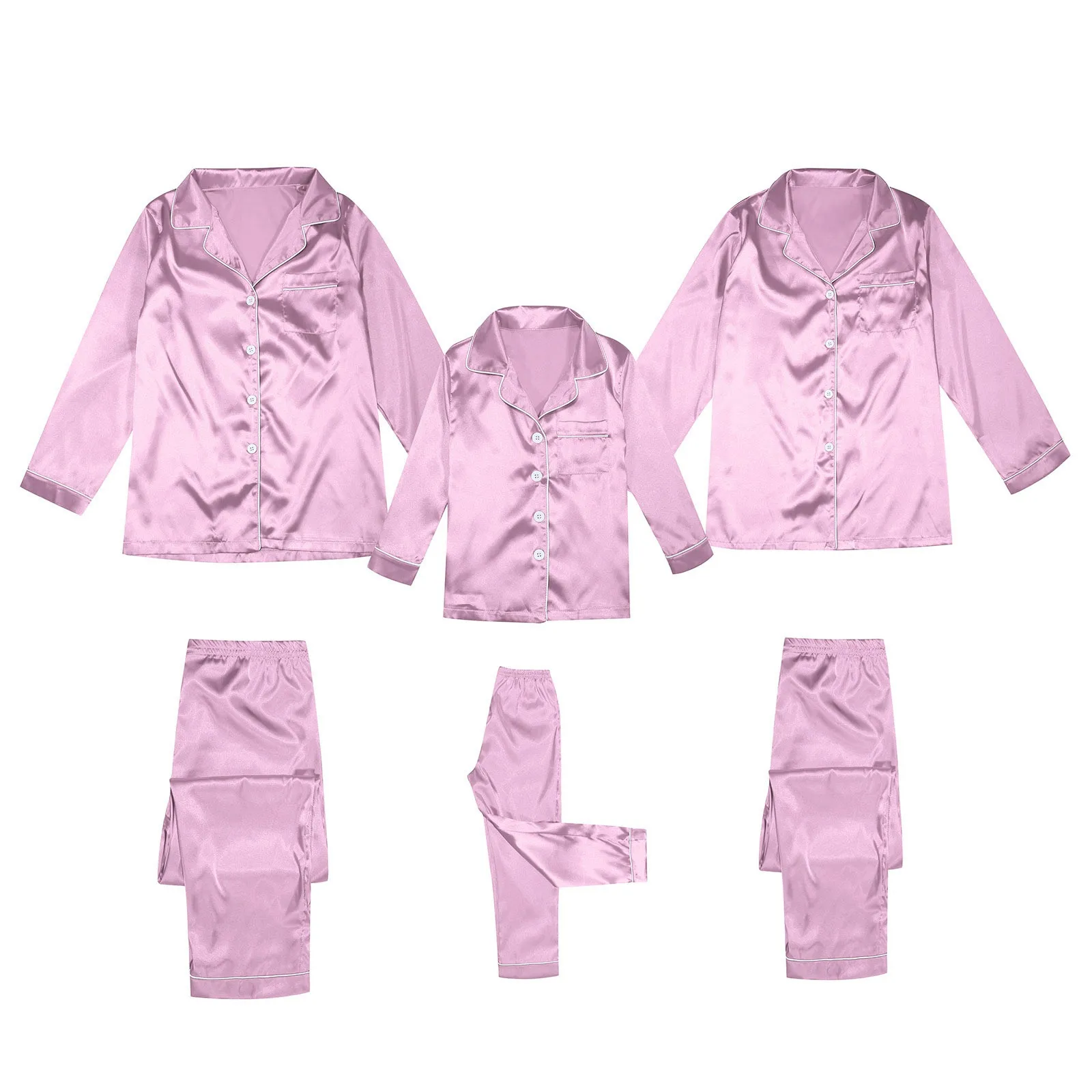 thumbnail image 4 of Conjunto de pijama de seda satinada para toda la familia, ropa de dormir navideña, conjunto de 2 piezas, camisas de manga larga con solapas y botones, pantalones casuales, color rojo, 4 of 5