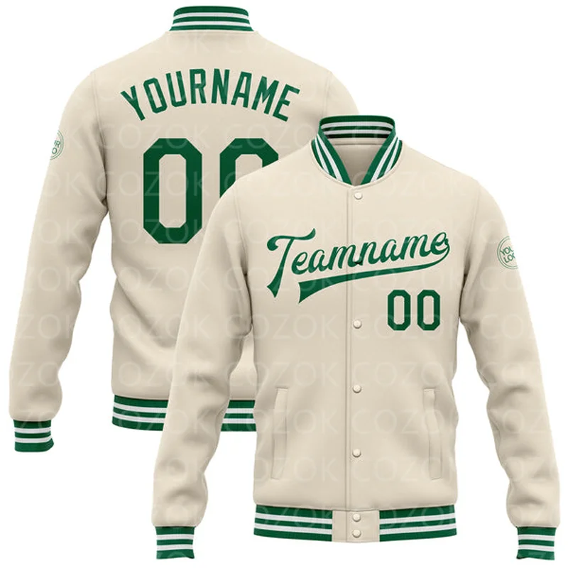 Custom Cream Green Color 3D Printed Baseball Button Jacket Bomber Full-Snap Varsity Letterman Jacket