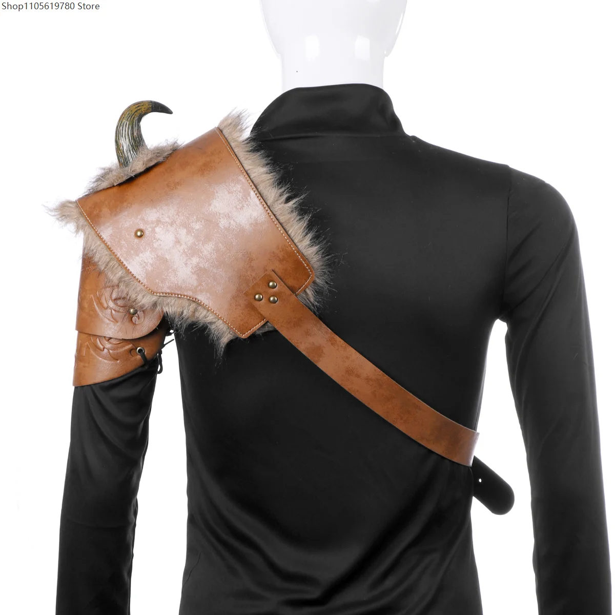 Costume da Guerriero con Armatura, Cosplay per Adulti, Armatura da Spalla Vichinga in Pelle PU Marrone con Corno, Accessorio per Costume di Halloween e Carnevale - immagine 2