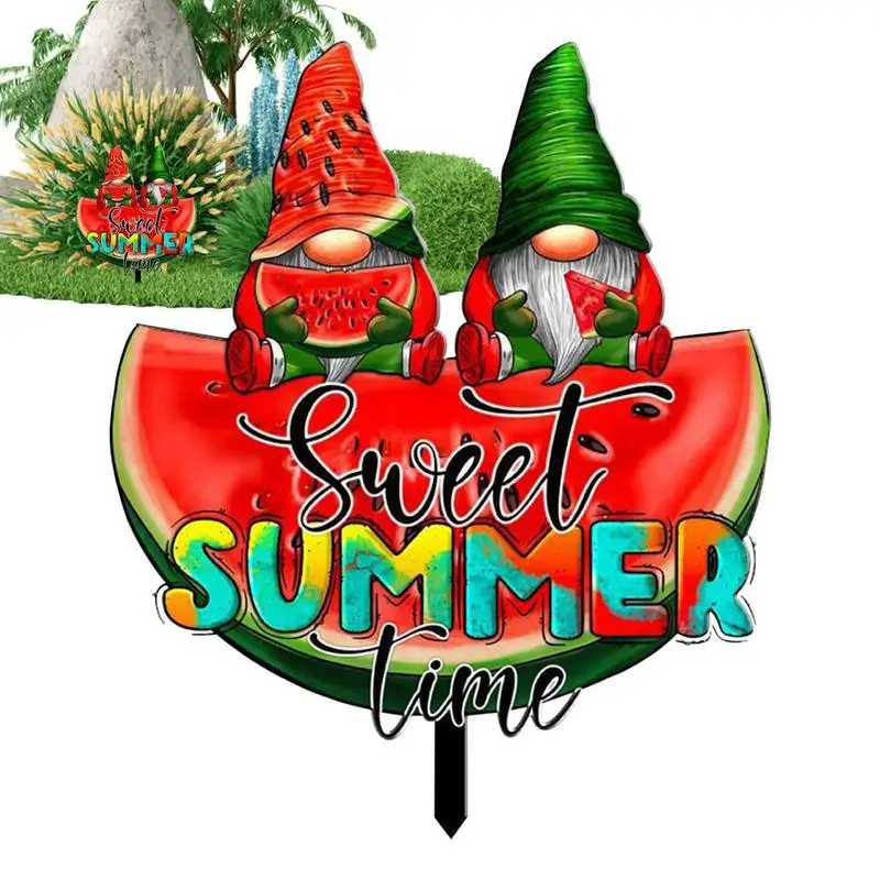 

Watermelon Gnome Sign Cute Fairy Tale Gnome Stakes Summer Party Yard Sign Multifunctional Summer Art Sign Yard Decorations