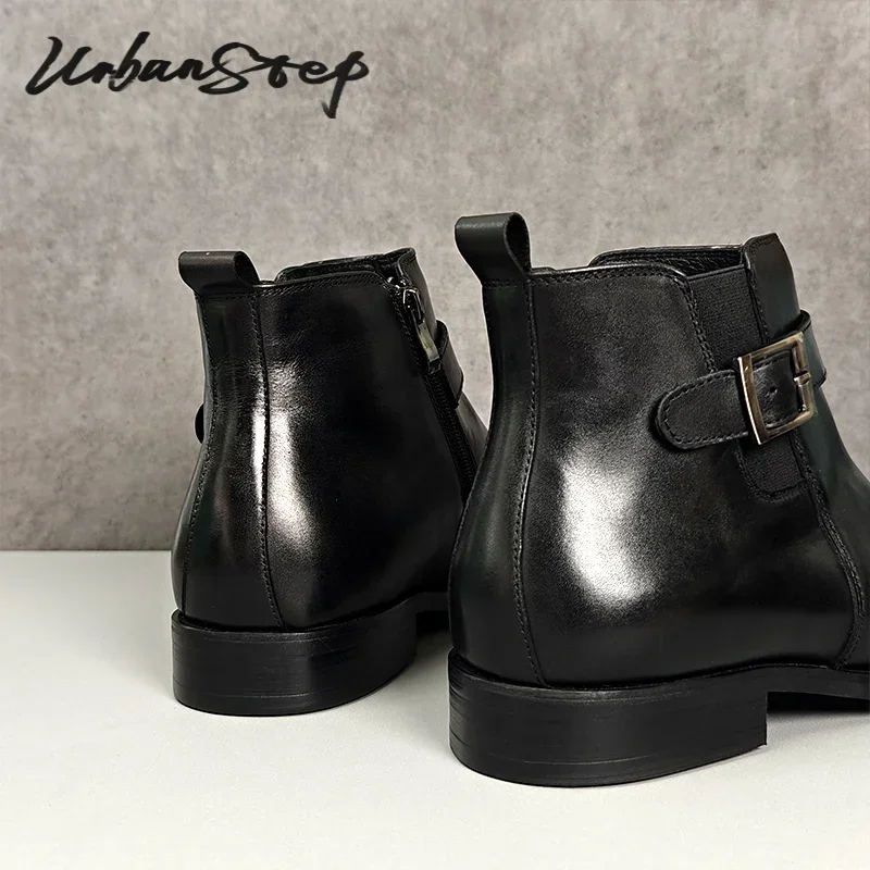 LUXURY MENS ANKLE BOOTS SHOES BLACK BUCKLE STRAP GENUINE LEATHER SLIP ON CHELSEA BOOTS CASUAL DRESS MAN SHOES LEATHER MEN