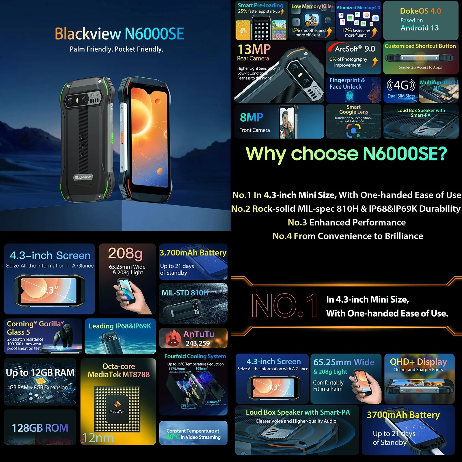 Blackview N6000SE Rugged Smartphone Mini 4.3'' Display MTK Octa Core 4GB RAM 128GB 13MP Camera 3700mAh Android 13 Mobile Phone 2