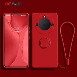 Liquid Silicone Case with Ring Stand Holder and Lanyard - Soft Protective Cover for Honor X9B (Red)
