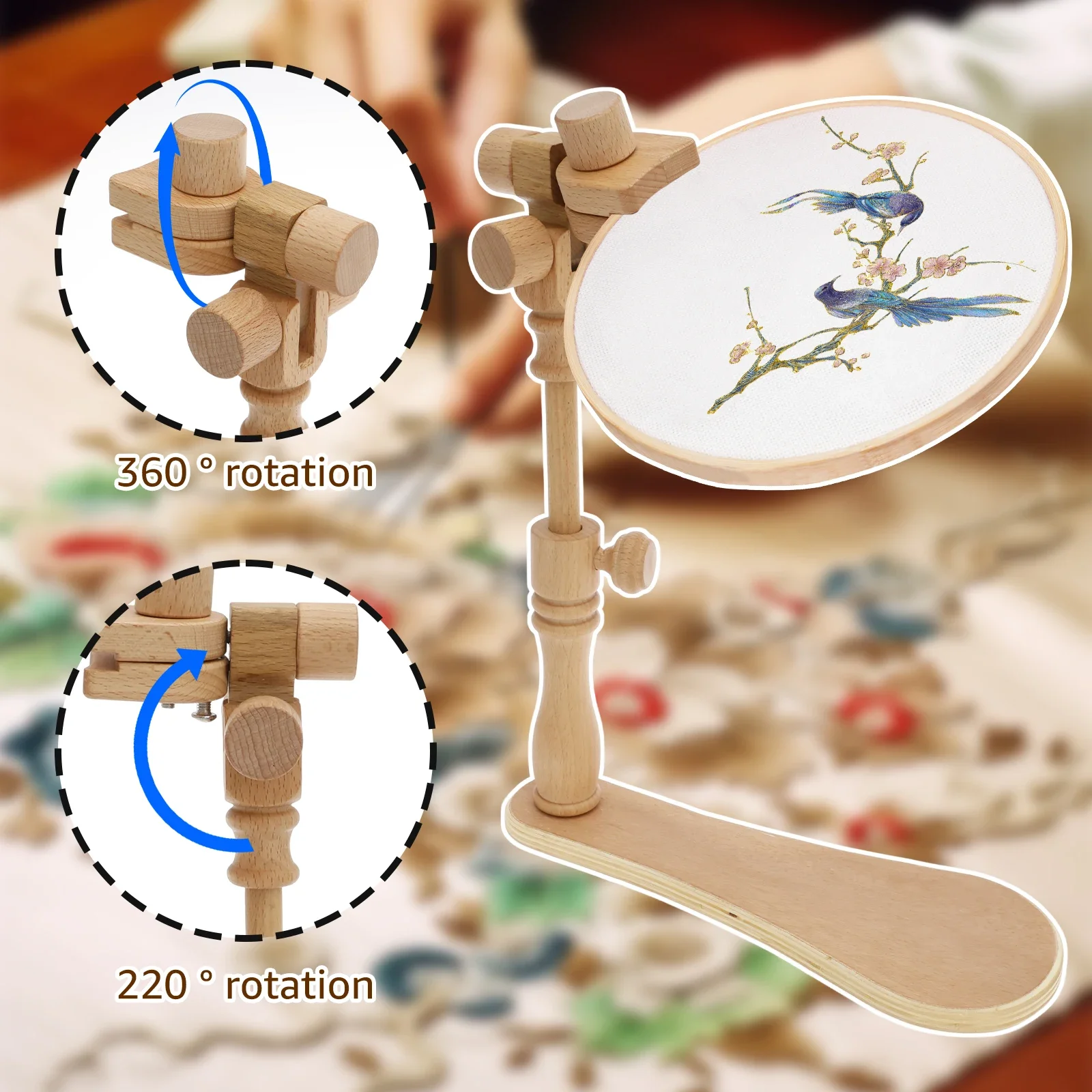 Embroidery Hoops Stand Adjustable Hands Cross Stitch Stand Versatile Beech Wood Holder Rotary Hoop Holder Embroidery Tool