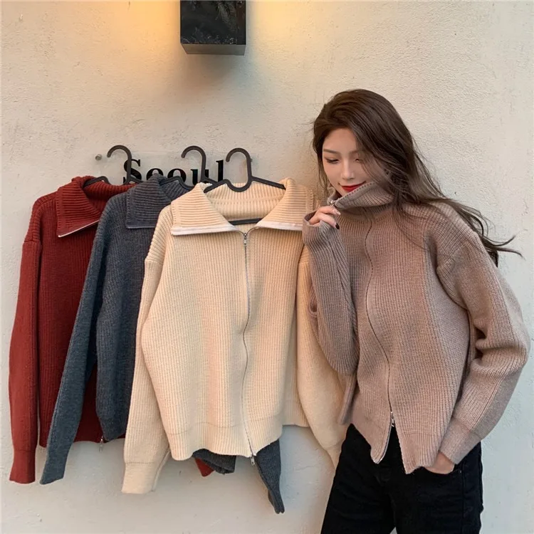  Early Spring Fall New Zipper Turtleneck Sweater Coat Long-sleeved Winter Knit Cardigan Women Long Sleeve Solid Color Coat