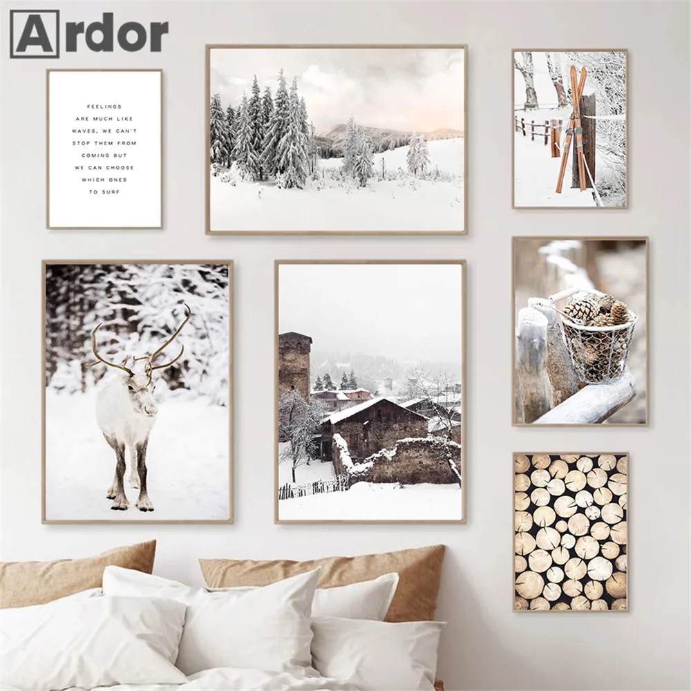 

Winter Snow Tree Elk Canvas Painting Picture Pine Wood Poster Skis Wall Art Print Nordic Wall Posters For Living Room Home Decor
