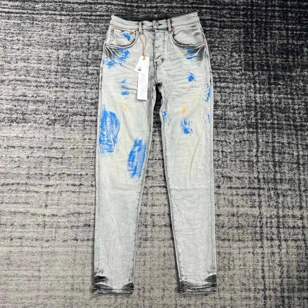 

men random blue paints distressed fade grey jeans slim fit