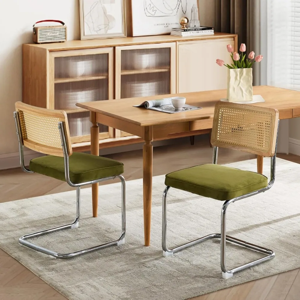 Rattan Dining Chairs Set of 4,Upholstered Mid-Century Modern Dining Room Chairs with Cane Backrest,Retro Velvet Kitchen Chairs 3