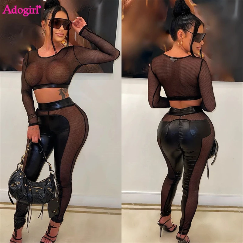 

Adogirl PU Leather Patchwork Sexy Sheer Mesh 2 Piece Sets Women Outfits See Through Long Sleeve Crop Top Skinny Pants Club Suit