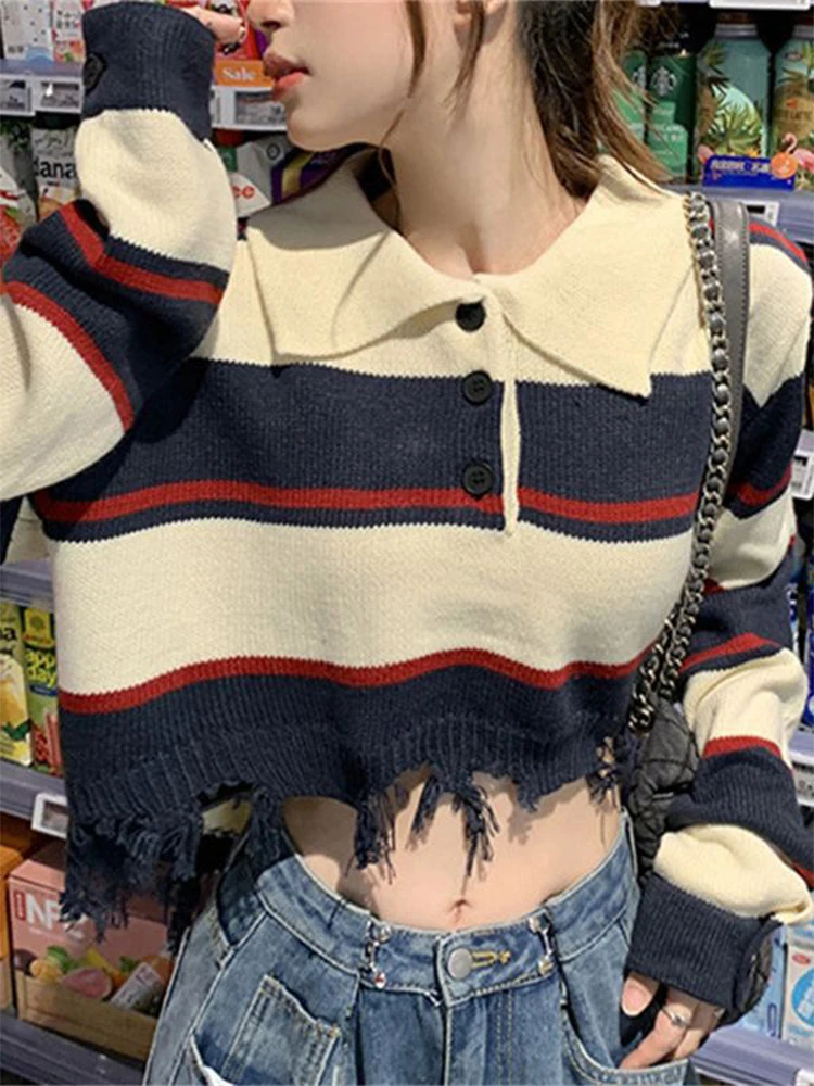

Полосатый вязаный свитер, Женский Осенний укороченный вязаный пуловер, Женский винтажный свитер в Корейском стиле, милый женский свободный джемпер в стиле преппи